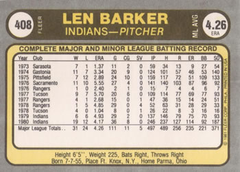 Len Barker  baseball card collectible - Main Image 2