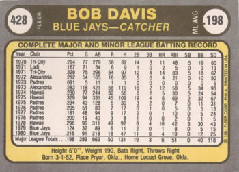 Bob Davis  baseball card collectible - Main Image 2