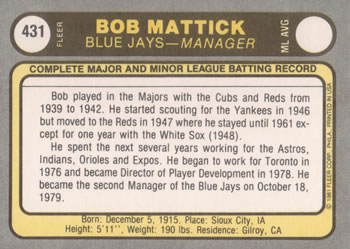 Bob Mattick  baseball card collectible - Main Image 2