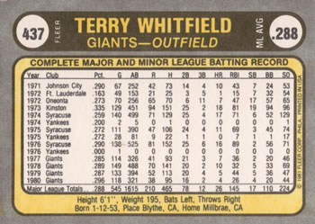 Terry Whitfield  baseball card collectible - Main Image 2