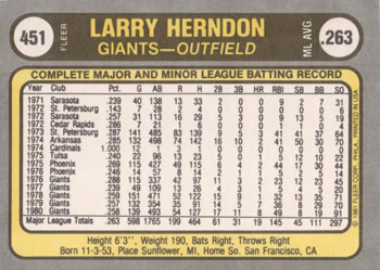 Larry Herndon  baseball card collectible - Main Image 2