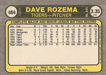 Dave Rozema  baseball card collectible - Main Image 2