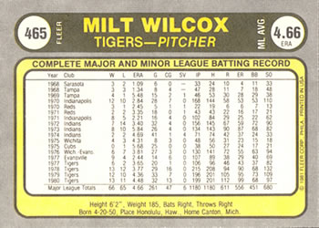 Milt Wilcox  baseball card collectible - Main Image 2