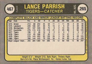 Lance Parrish  baseball card collectible - Main Image 2