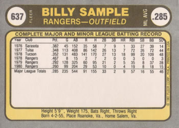 Billy Sample  baseball card collectible - Main Image 2