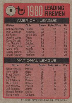 1980 Leading Firemen (Dan Quisenberry / Rollie Fingers / Tom Hume)  baseball card collectible - Main Image 2