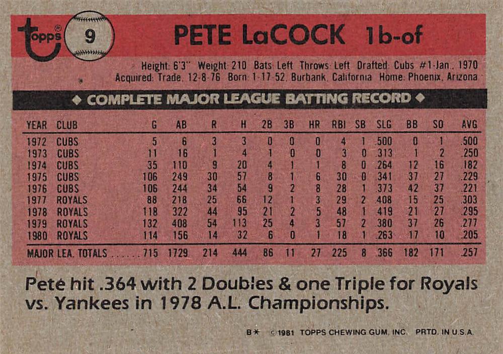 Pete LaCock  baseball card collectible - Main Image 2