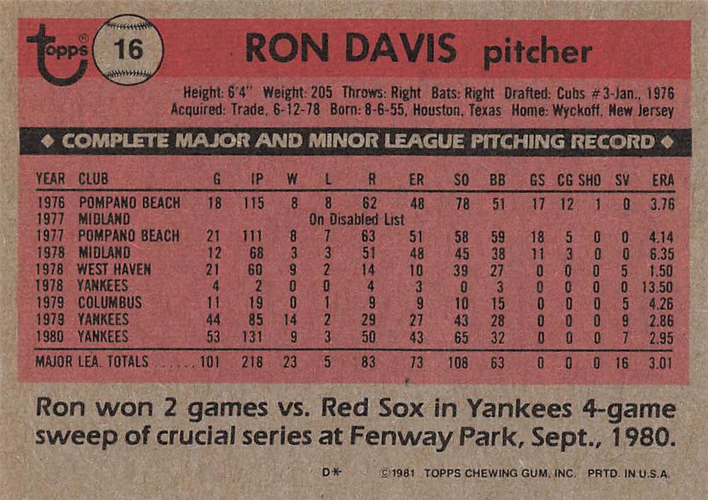 Ron Davis  baseball card collectible - Main Image 2