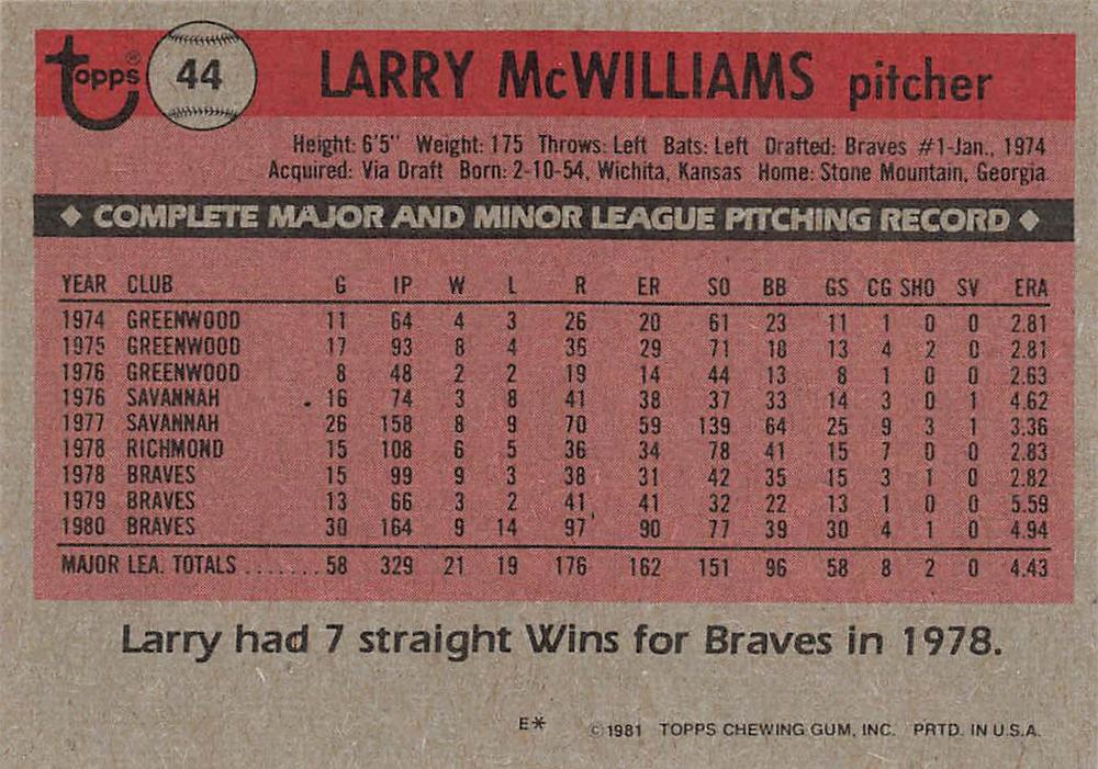 Larry McWilliams  baseball card collectible - Main Image 2