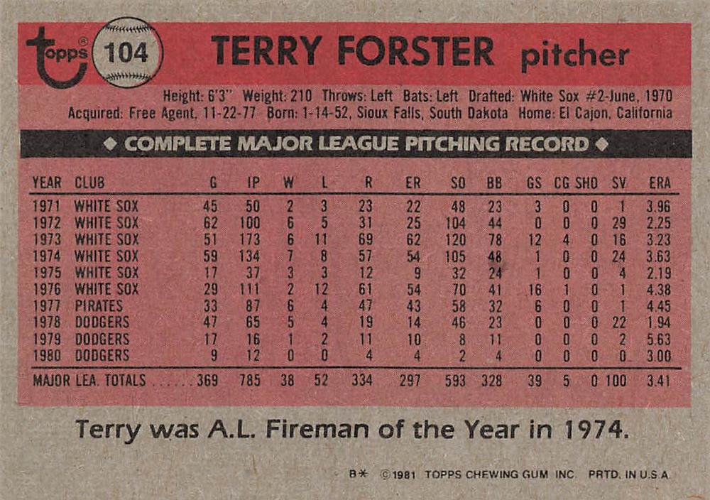 Terry Forster  baseball card collectible - Main Image 2