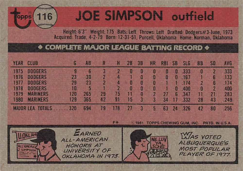 Joe Simpson  baseball card collectible - Main Image 2