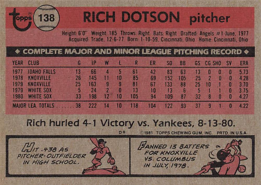 Rich Dotson  baseball card collectible - Main Image 2