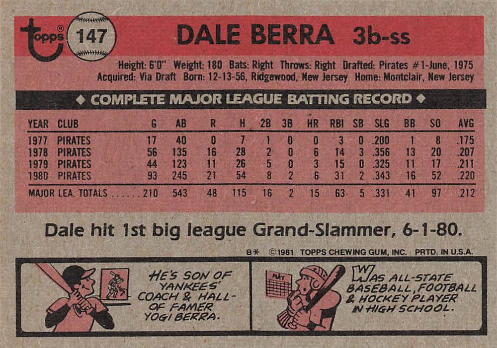 Dale Berra  baseball card collectible - Main Image 2