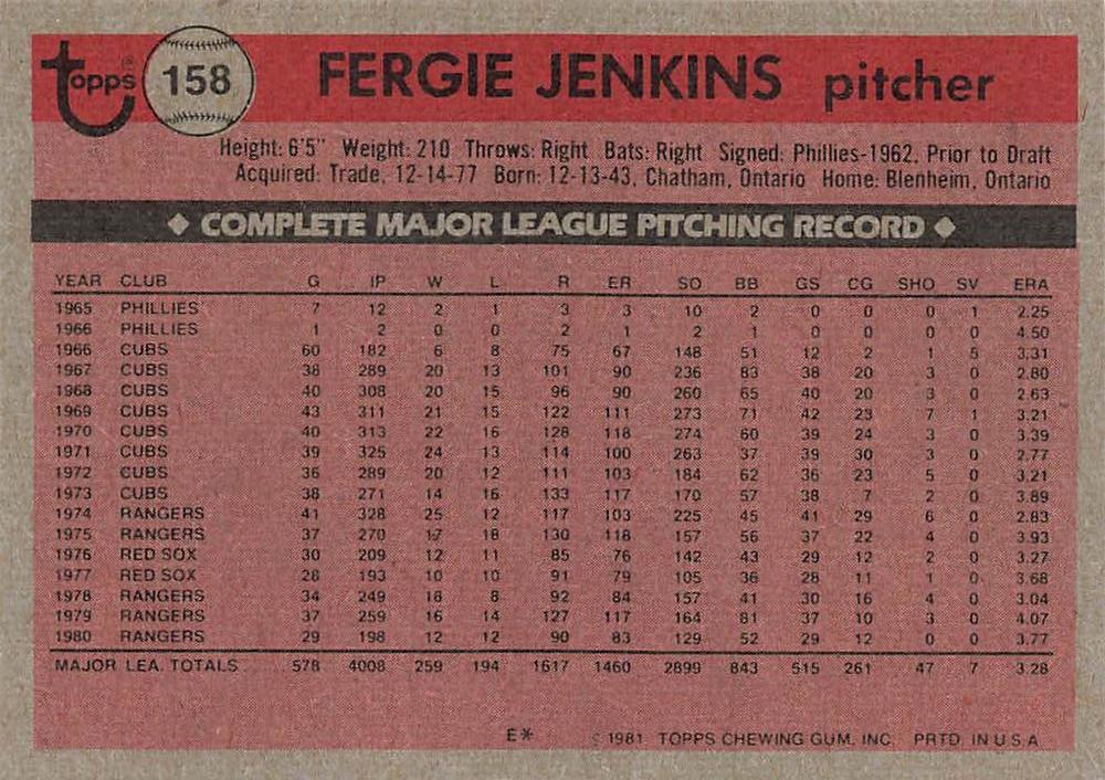 Fergie Jenkins  baseball card collectible - Main Image 2