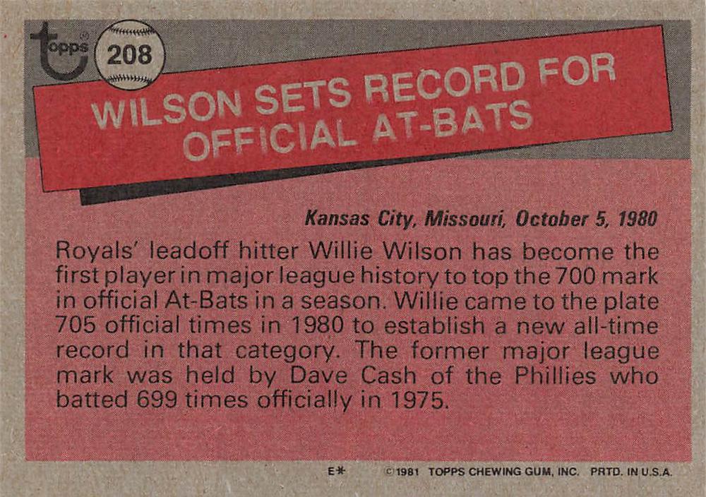 Willie Wilson  baseball card collectible - Main Image 2