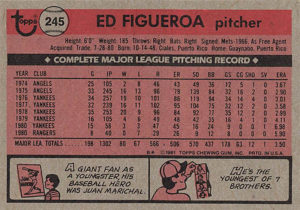 Ed Figueroa  baseball card collectible - Main Image 2