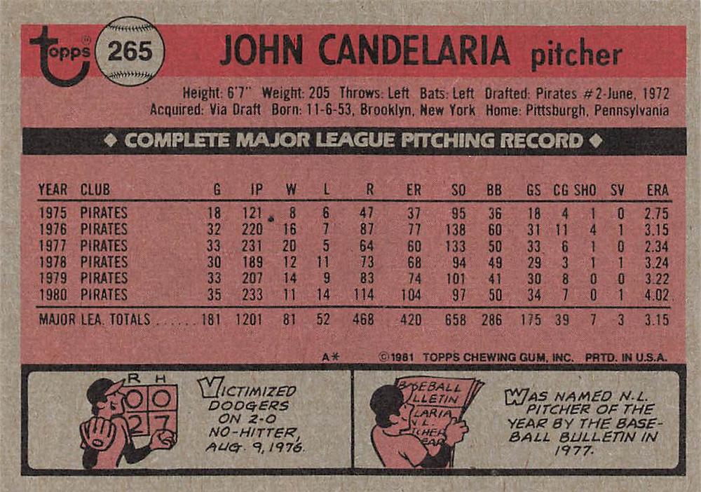 John Candelaria  baseball card collectible - Main Image 2