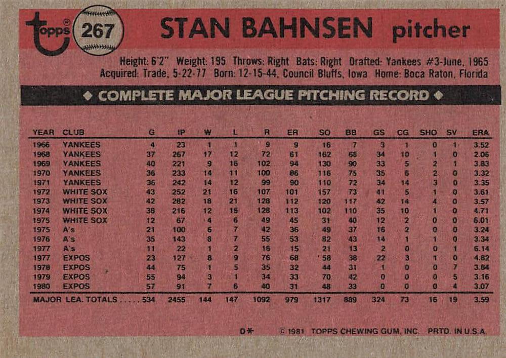 Stan Bahnsen  baseball card collectible - Main Image 2