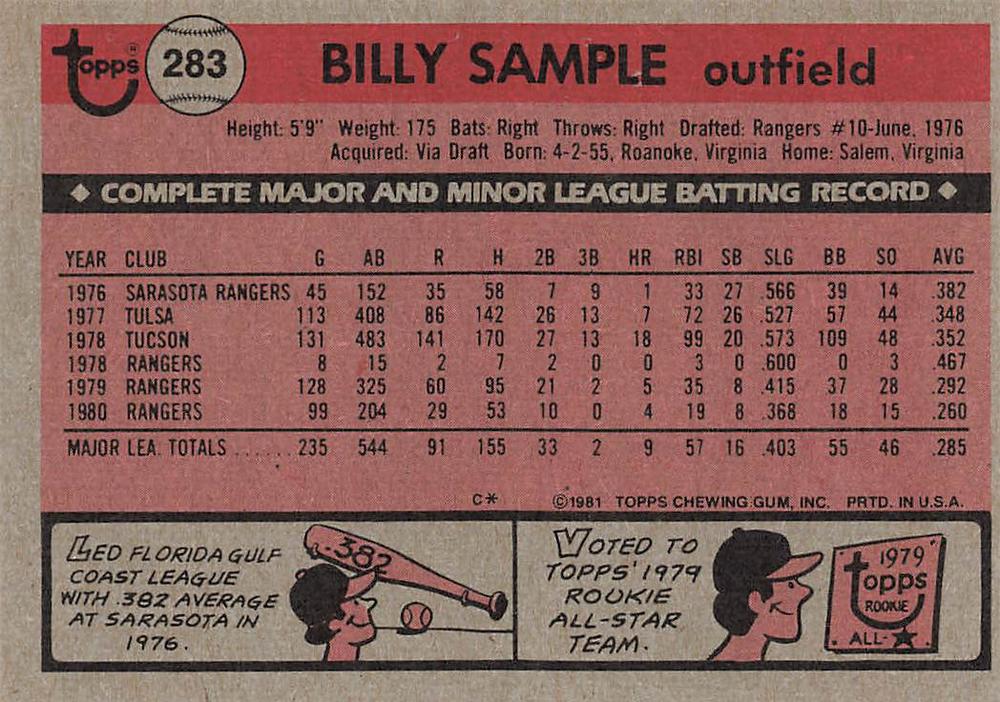 Billy Sample  baseball card collectible - Main Image 2