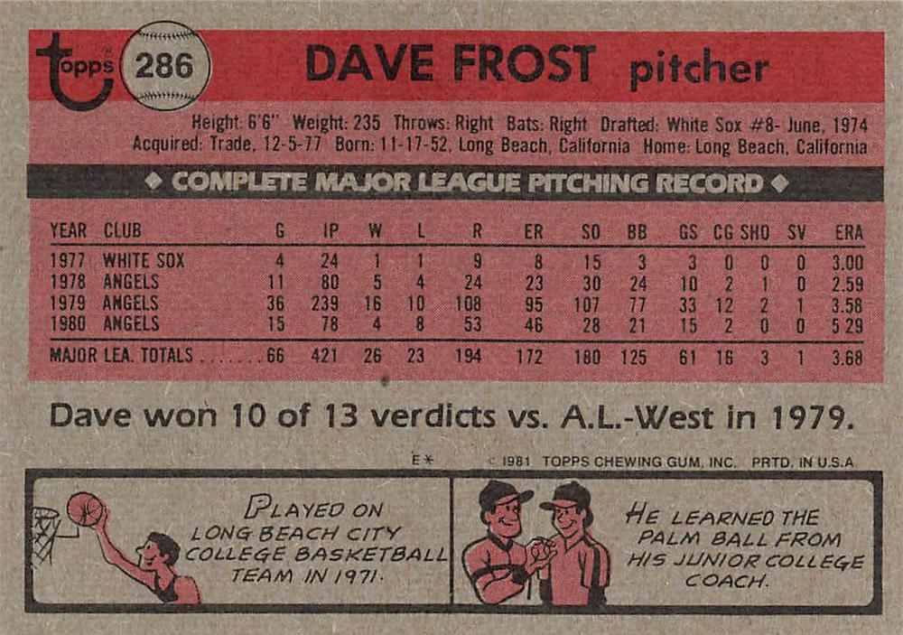 Dave Frost  baseball card collectible - Main Image 2