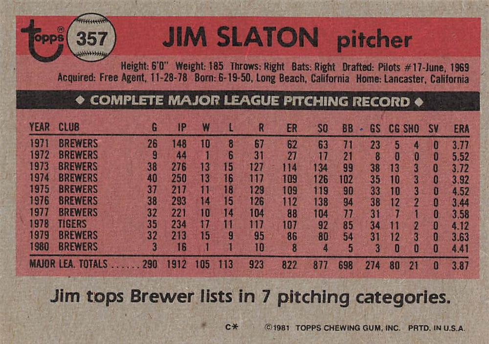 Jim Slaton  baseball card collectible - Main Image 2