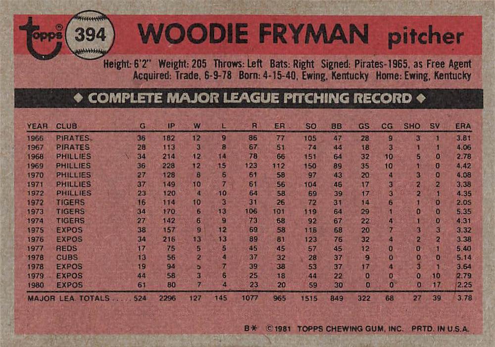 Woodie Fryman  baseball card collectible - Main Image 2