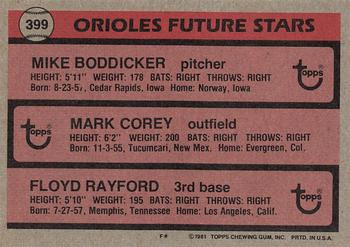 Orioles Future Stars (Mike Boddicker / Mark Corey / Floyd Rayford)  baseball card collectible - Main Image 2