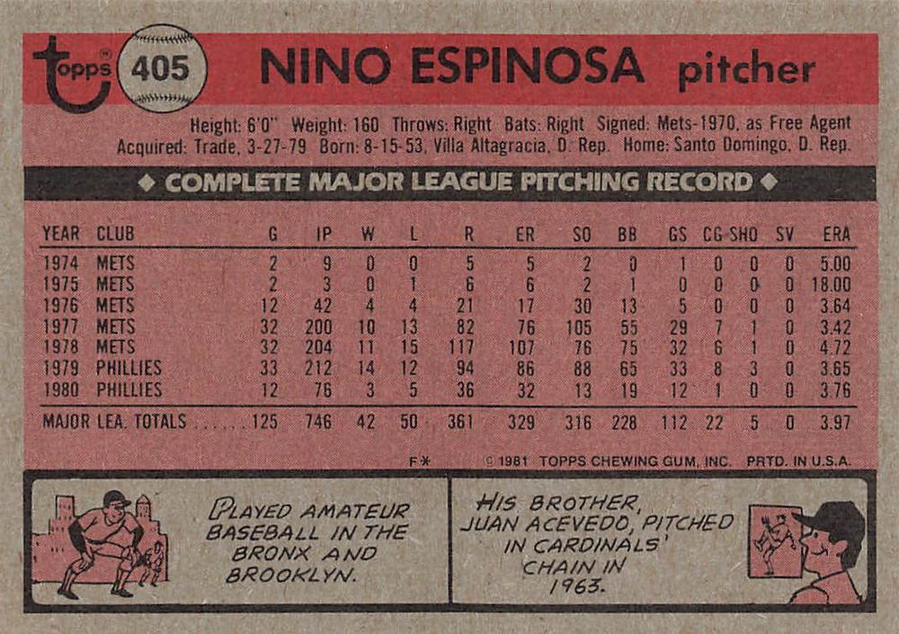 Nino Espinosa  baseball card collectible - Main Image 2