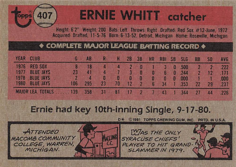 Ernie Whitt  baseball card collectible - Main Image 2