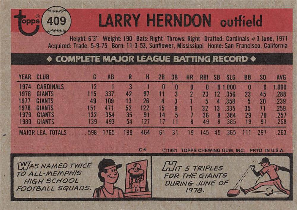 Larry Herndon  baseball card collectible - Main Image 2