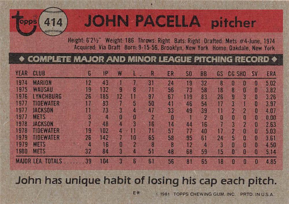 John Pacella  baseball card collectible - Main Image 2