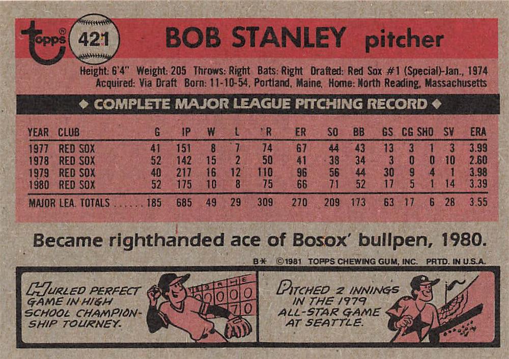 Bob Stanley  baseball card collectible - Main Image 2