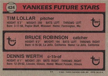 Yankees Future Stars (Tim Lollar / Bruce Robinson / Dennis Werth)  baseball card collectible - Main Image 2
