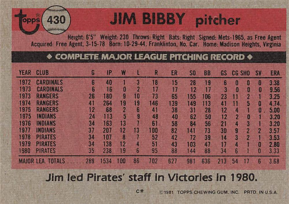 Jim Bibby  baseball card collectible - Main Image 2