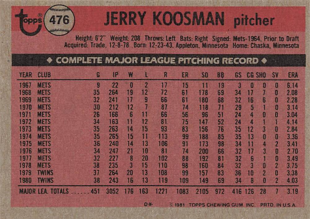 Jerry Koosman  baseball card collectible - Main Image 2