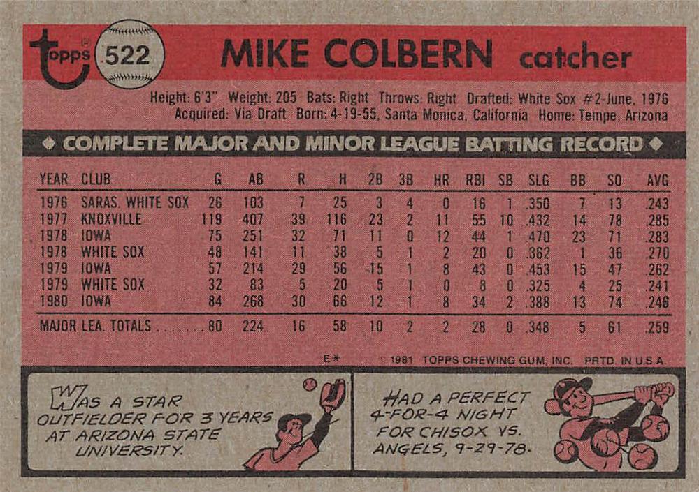 Mike Colbern  baseball card collectible - Main Image 2