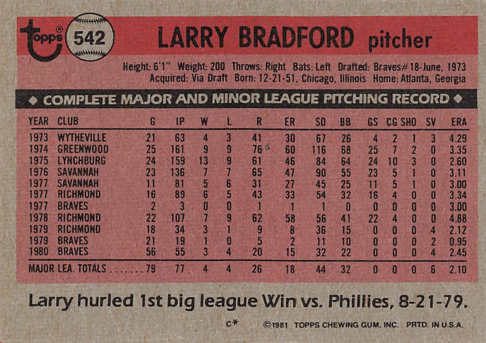 Larry Bradford  baseball card collectible - Main Image 2