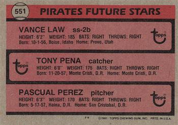 Pirates Future Stars (Vance Law / Tony Pena / Pascual Perez)  baseball card collectible - Main Image 2