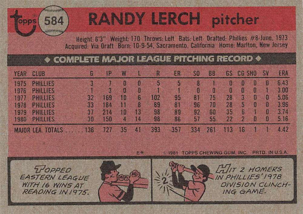 Randy Lerch  baseball card collectible - Main Image 2