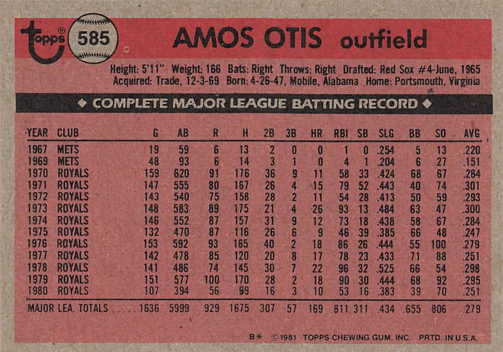Amos Otis  baseball card collectible - Main Image 2