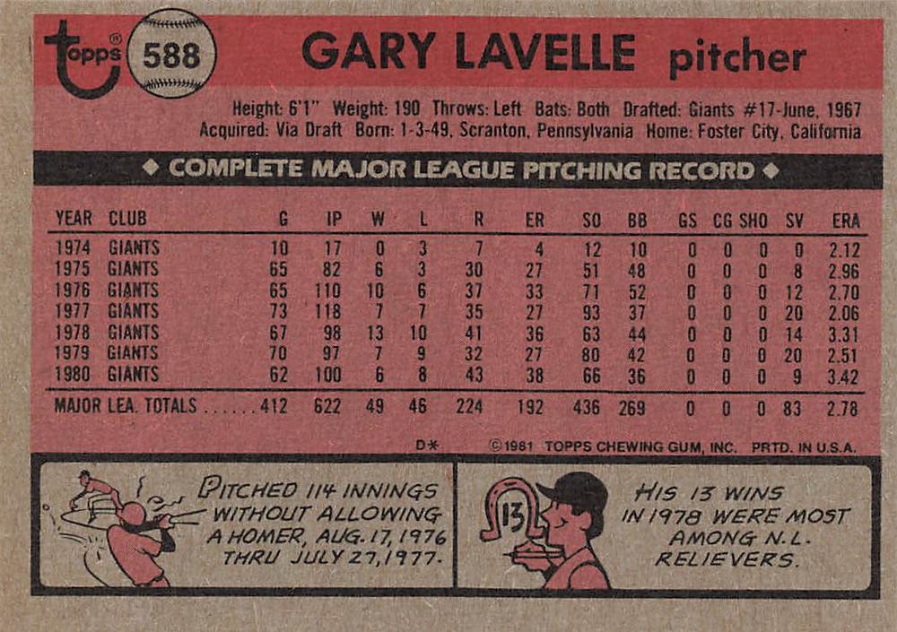 Gary Lavelle  baseball card collectible - Main Image 2