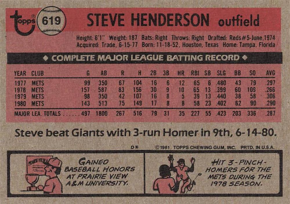 Steve Henderson  baseball card collectible - Main Image 2