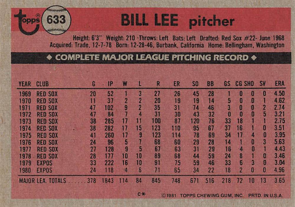 Bill Lee  baseball card collectible - Main Image 2