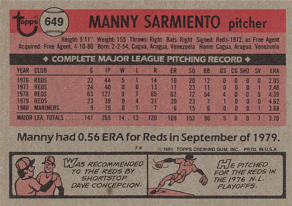 Manny Sarmiento  baseball card collectible - Main Image 2