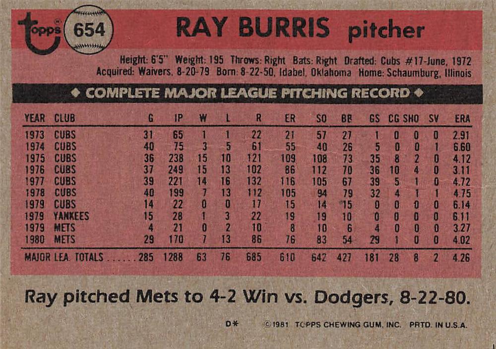 Ray Burris  baseball card collectible - Main Image 2