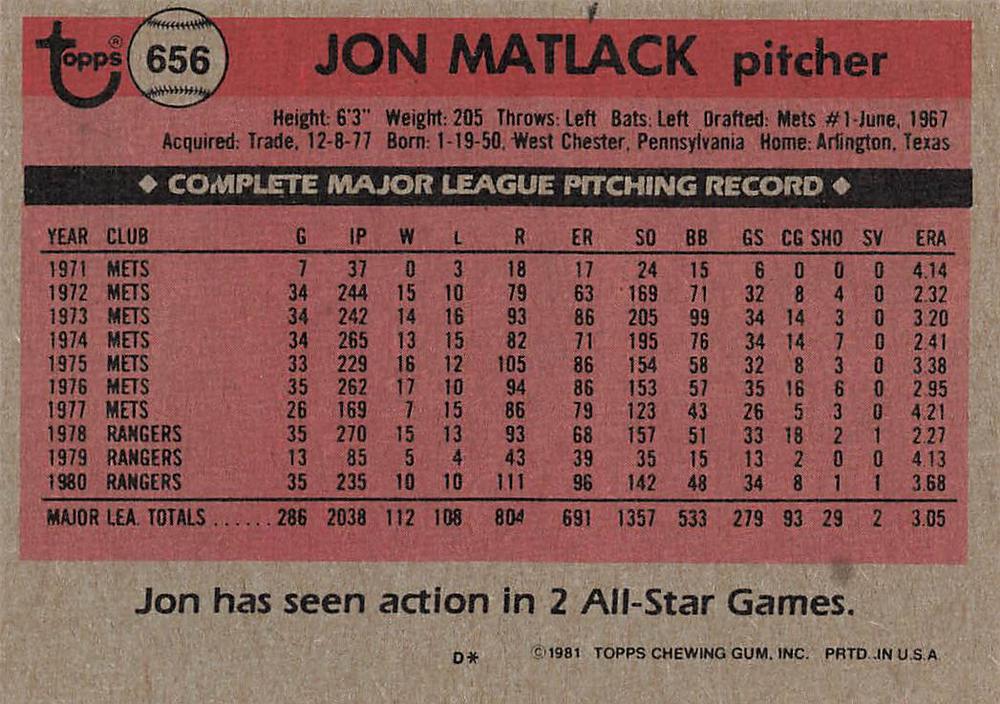 Jon Matlack  baseball card collectible - Main Image 2