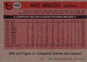 Milt Wilcox  baseball card collectible - Main Image 2