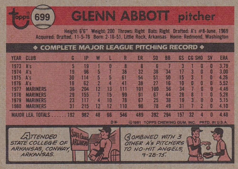 Glenn Abbott  baseball card collectible - Main Image 2