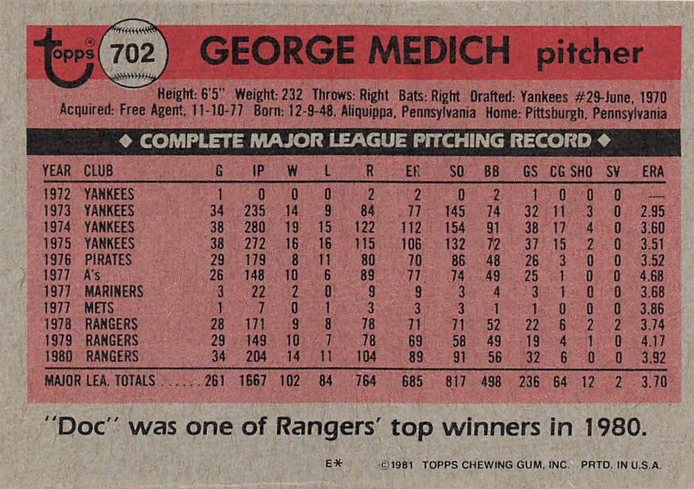 George Medich  baseball card collectible - Main Image 2