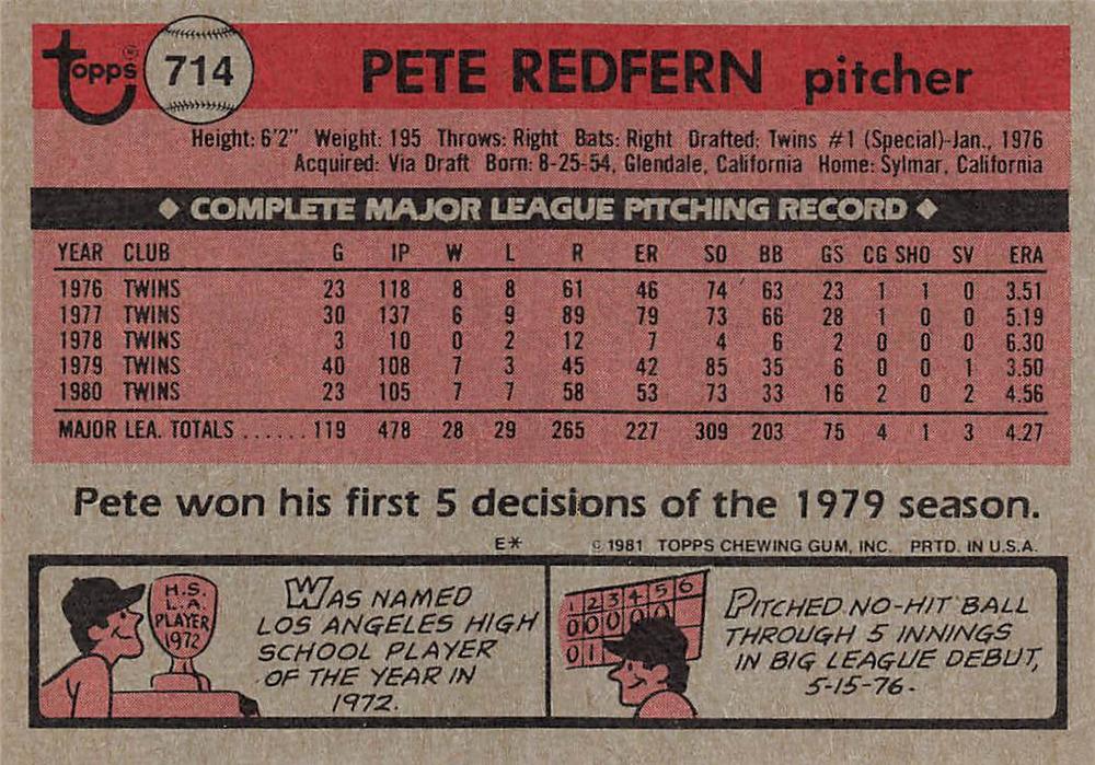 Pete Redfern  baseball card collectible - Main Image 2